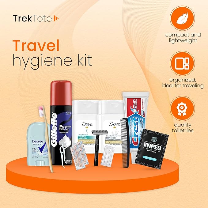 Trektote Travel Toiletry Kit For Men – 15 Piece Set of Travel Size Toiletries, TSA Compliant, Includes Dove Shampoo And Conditioner, Gillette Shave Cream, Reusable Toiletry Bag & More