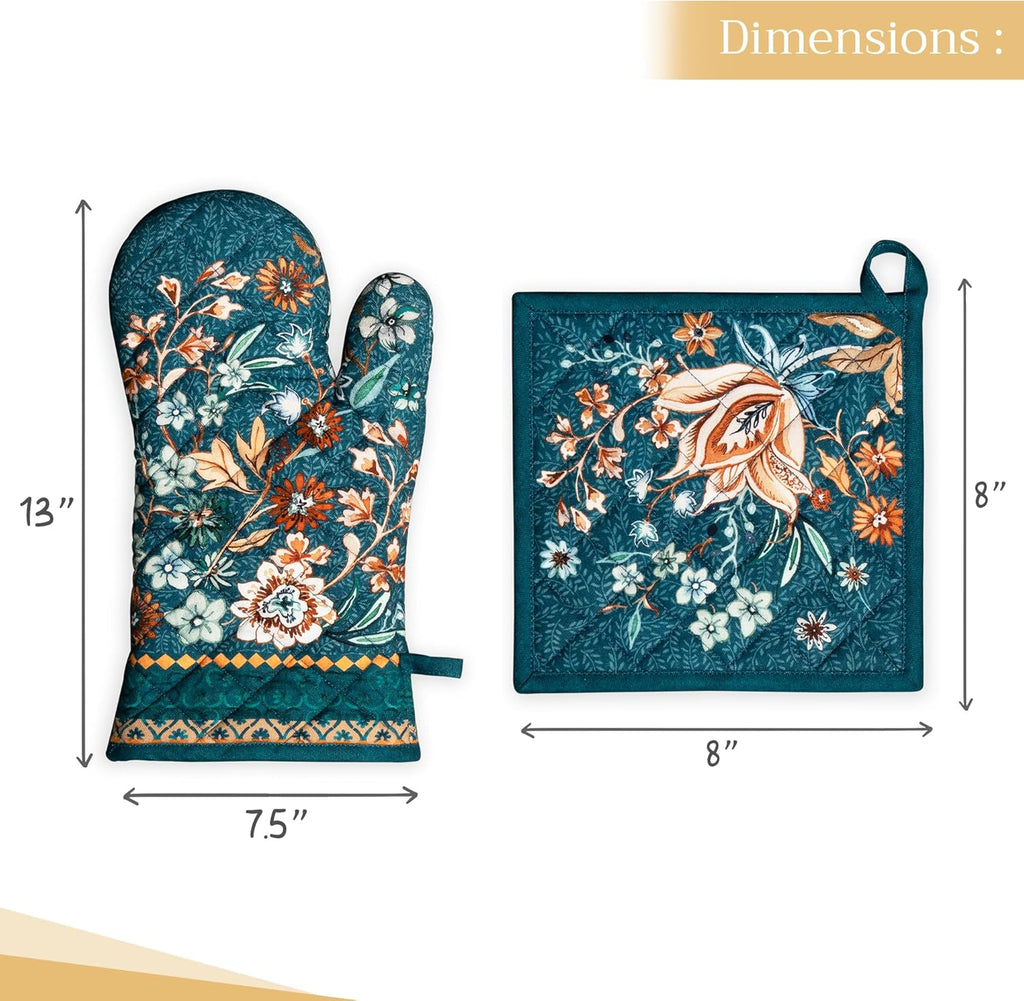 Maison d' Hermine 100% Cotton Oven Mitt & Pot Holder Set (7.5"x13" & 8"x8") Heat Resistant BBQ Cooking Gloves with Loop, Baking, Grilling, Kitchen, Handling Hot Pans (Luxury Loft-Dark Teal)