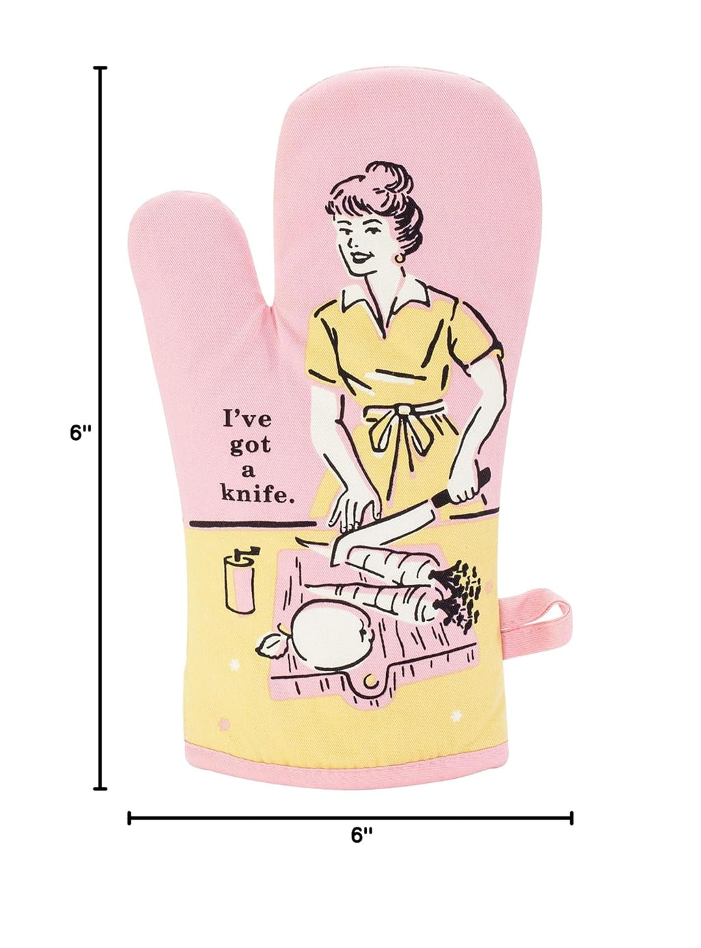 Blue Q Oven Mitt, I've Got a Knife. Super-Insulated Quilting, Comfy, Natural-Fitting Shape, 100% Cotton, 12.5" h x 7.5" w