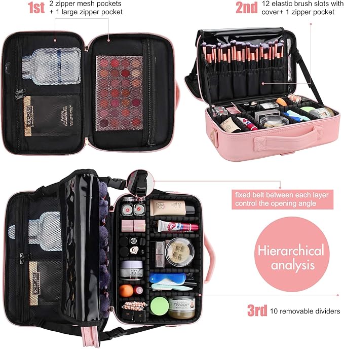 Relavel Travel Makeup Train Case Makeup Cosmetic Case Organizer Portable Artist Storage Bag with Adjustable Dividers for Cosmetics Makeup Brushes Toiletry Jewelry Digital Accessories
