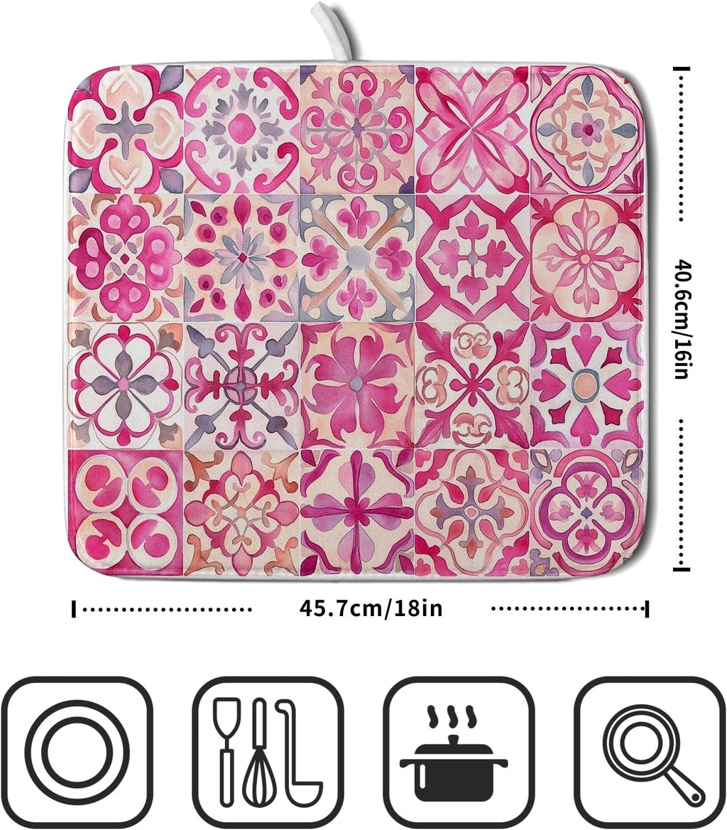 Pink Mexican Tiles Dish Drying Mat Absorbent Microfiber Dish Drying Pad for Kitchen Multi-use Large