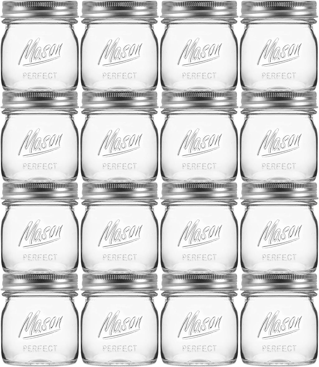 16 Pack 8 oz Mason Jars with Regular Airtight Lids - Glass Canning Jars 8 oz, Mini Mason Jars for Jam, Jelly, Honey, Overnight Oats, Party Favors, Shower Favor, Separable Lids