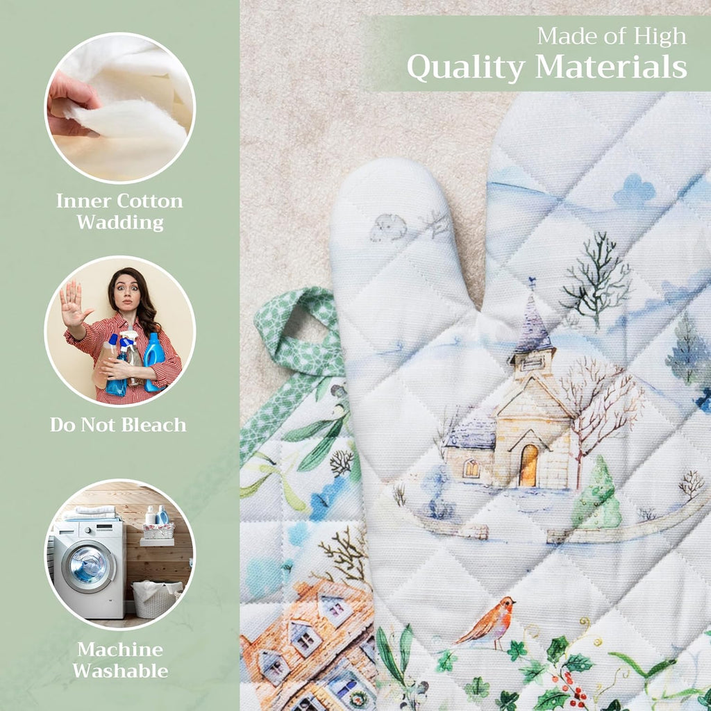 Maison d' Hermine 100% Cotton Oven Mitt & Pot Holder Set (7.5"x13" & 8"x8") Heat Resistant BBQ Cooking Gloves with Loop, Baking, Grilling, Kitchen, Handling Hot Pans (Snowy World)