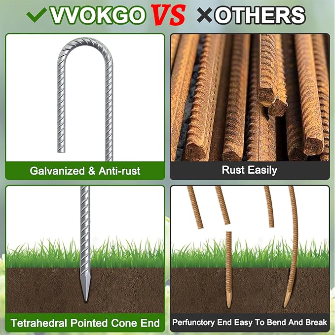 VVOKGO Rebar-Stakes-12-Inch Galvanized Ground Spikes,20 Pack J Hook Tent Stakes Heavy Duty Anti-Rust Fence Anchors with Chisel Point End, Securing Pins, Soccer Goals, Camping Tents, Garden Decoration