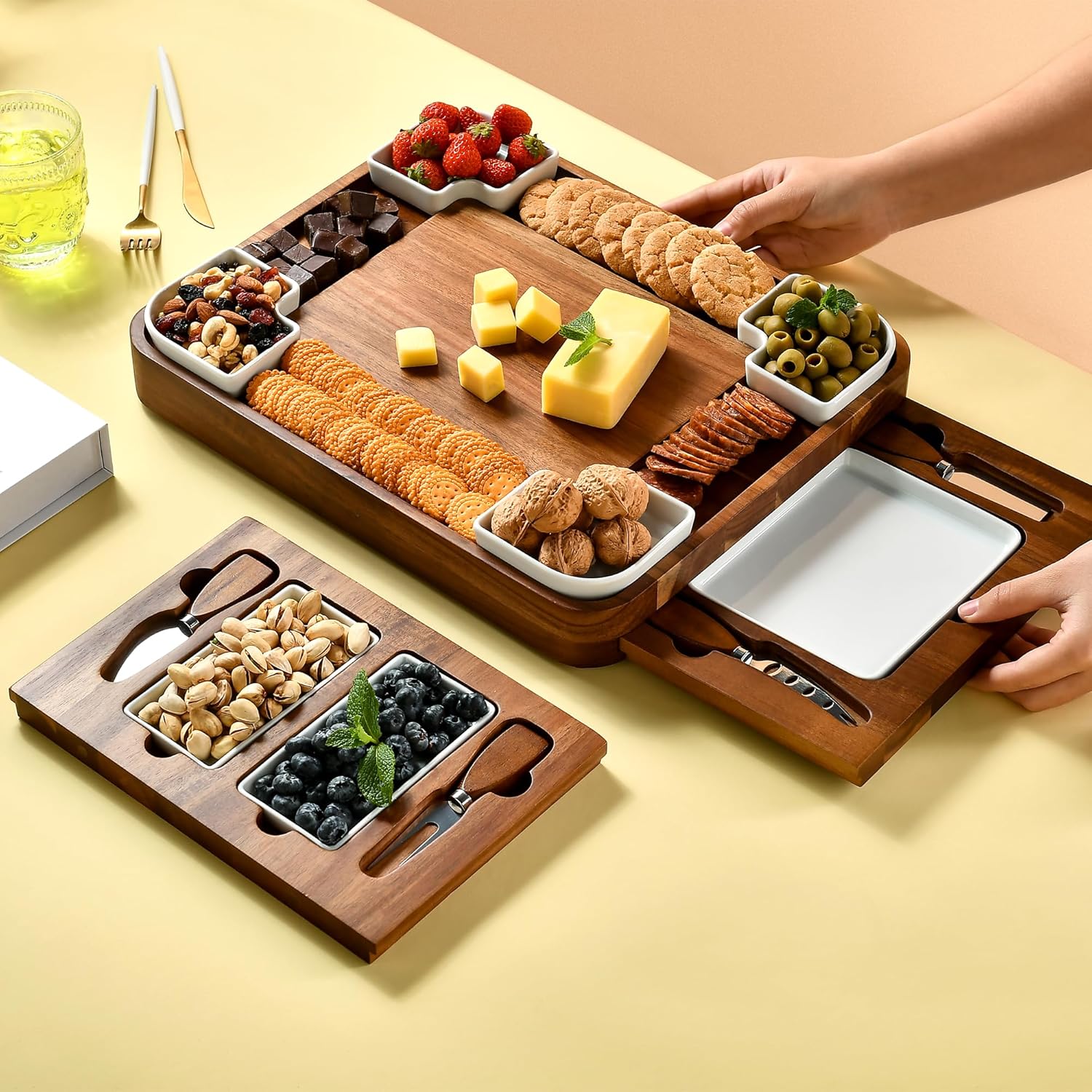 Shanik Upgraded Acacia Cheese Board Set, Square Shaped Charcuterie Set, Cheese Platter, Handcrafted Design and Stainless Steel Cutlery Set - Gift for Any Occasion No Engraving