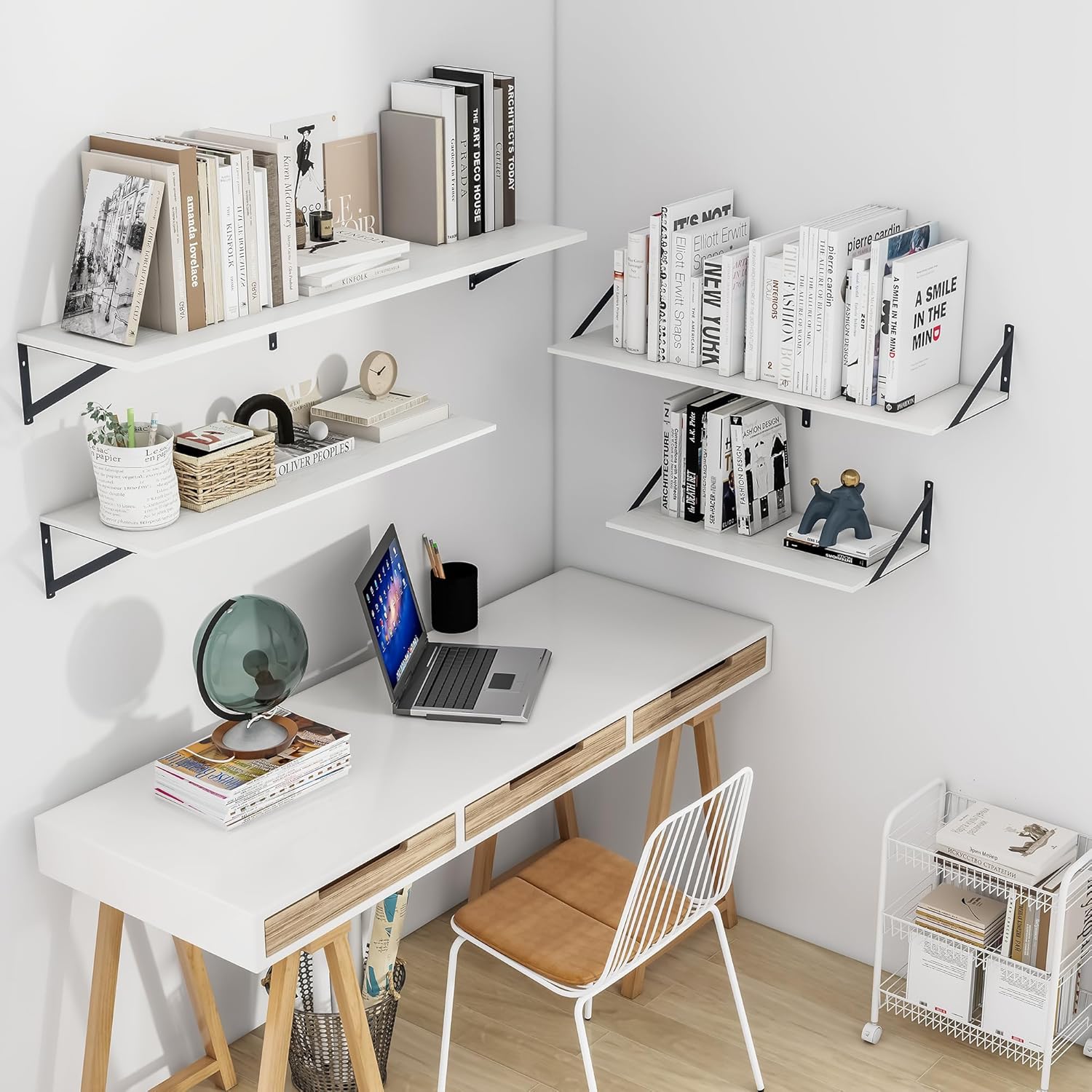 Heimlove White Deep Floating Shelves for Wall, 24W x 12D Wood Wall Shelves Set of 2, Wide Floating Bookshelf for Living Room, Kitchen, Office, Bedroom and Decor Storage, with Black Bracket - White