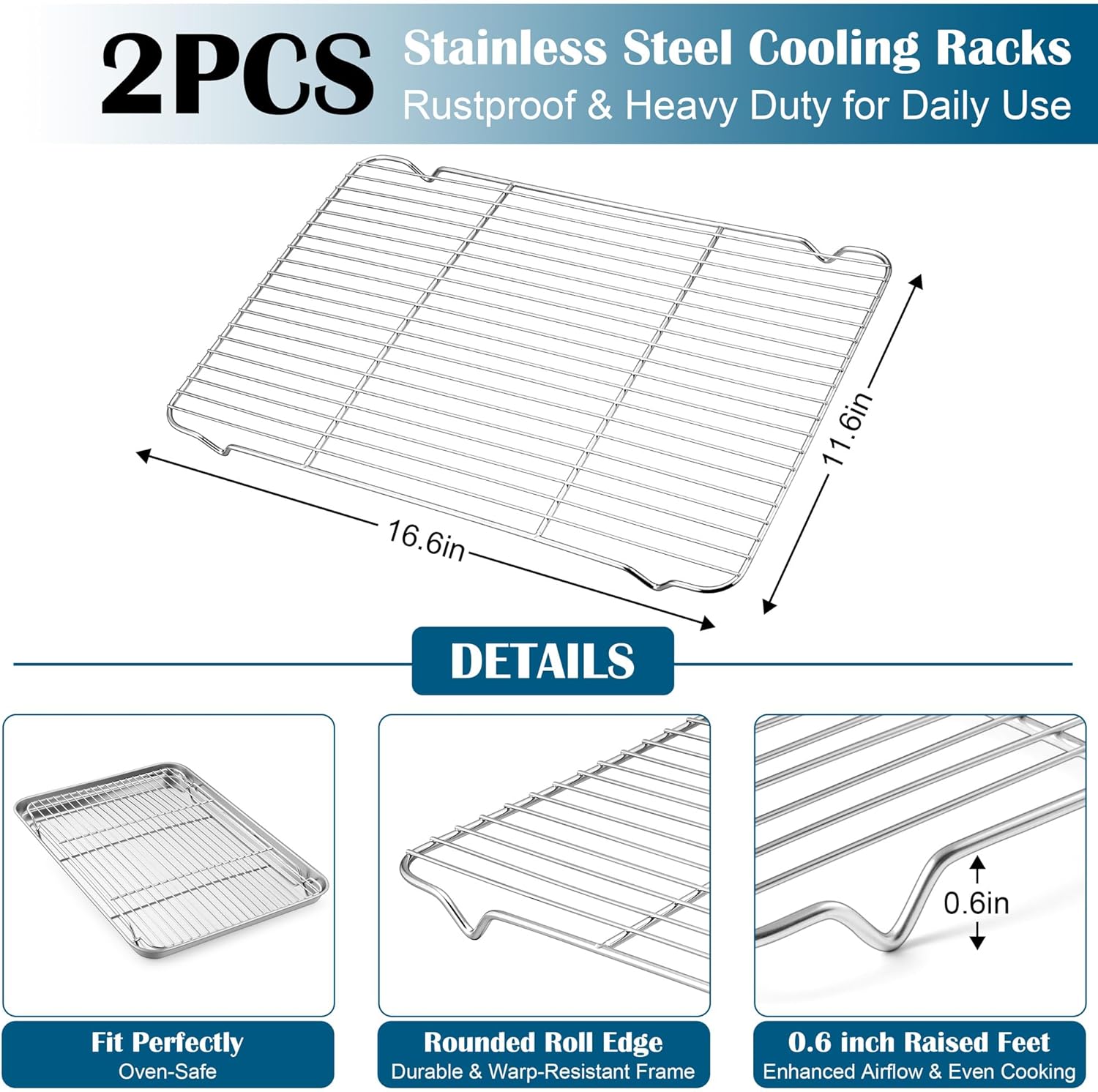 E-far Baking Sheet with Wire Rack (2 Pans + 2 Racks), Large Stainless Steel Cookie Sheets Pan & Cooling Rack for Baking Cookies Cake, Non Toxic & Heavy Duty, Oven & Dishwasher Safe, 18 x 13 x 1 Inch