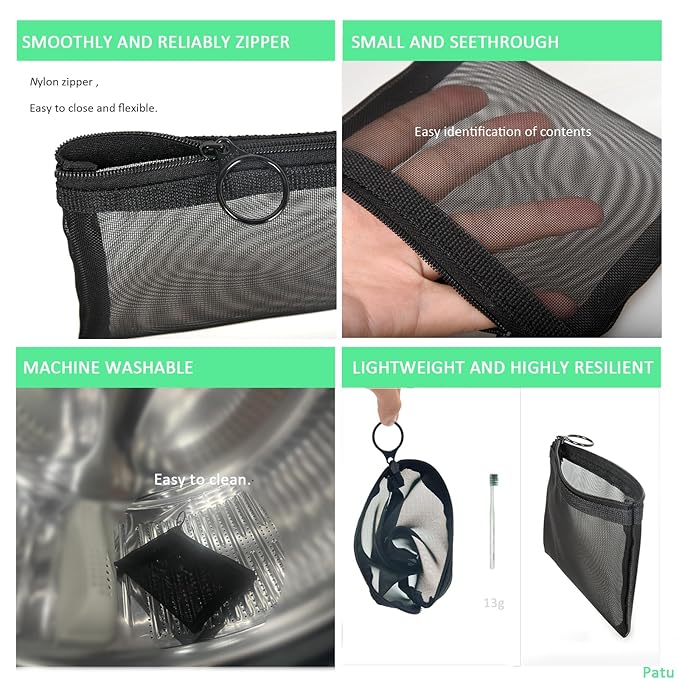 Patu Mini Zipper Mesh Bags, 4" x 5", Size S / A7, 5 Pieces, Beauty Makeup Lipstick Cosmetic Accessories Organizer, Small Travel Kit Storage Pouch, Gray