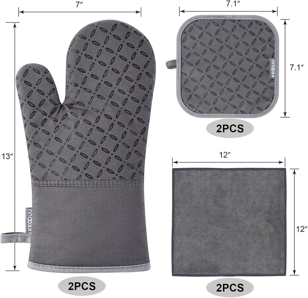 KEGOUU Oven Mitts and Pot Holders 6pcs Set, Kitchen Oven Glove High Heat Resistant 500 Degree Extra Long Oven Mitts and Potholder with Non-Slip Silicone Surface for Cooking (Grey)