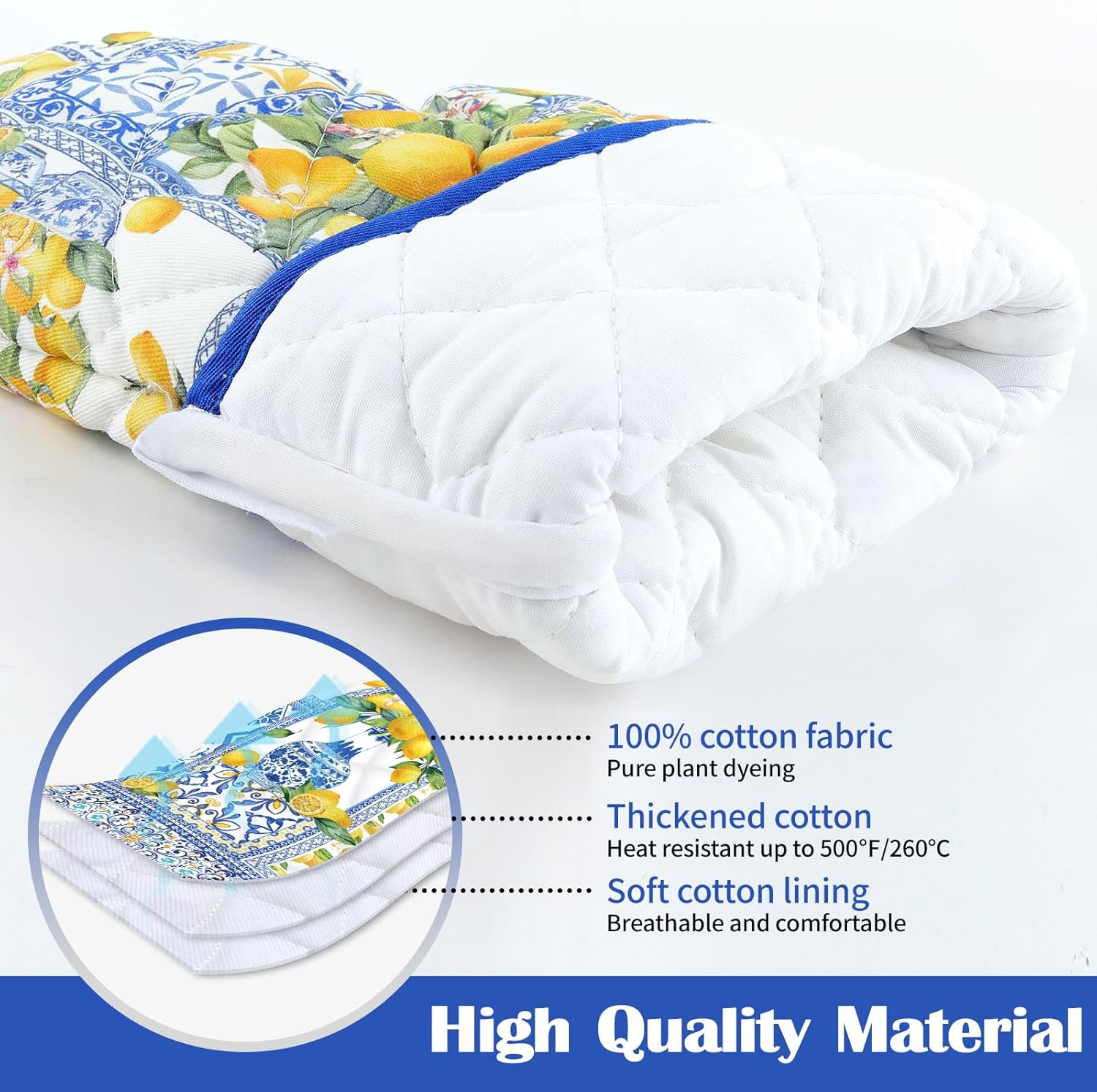 Yellow Lemon Oven Mitts and Pot Holders Sets 2Pcs, 100% Cotton Heat Resistant, Extra Long Oven Gloves Potholder for Kitchen Cooking Baking Decoration