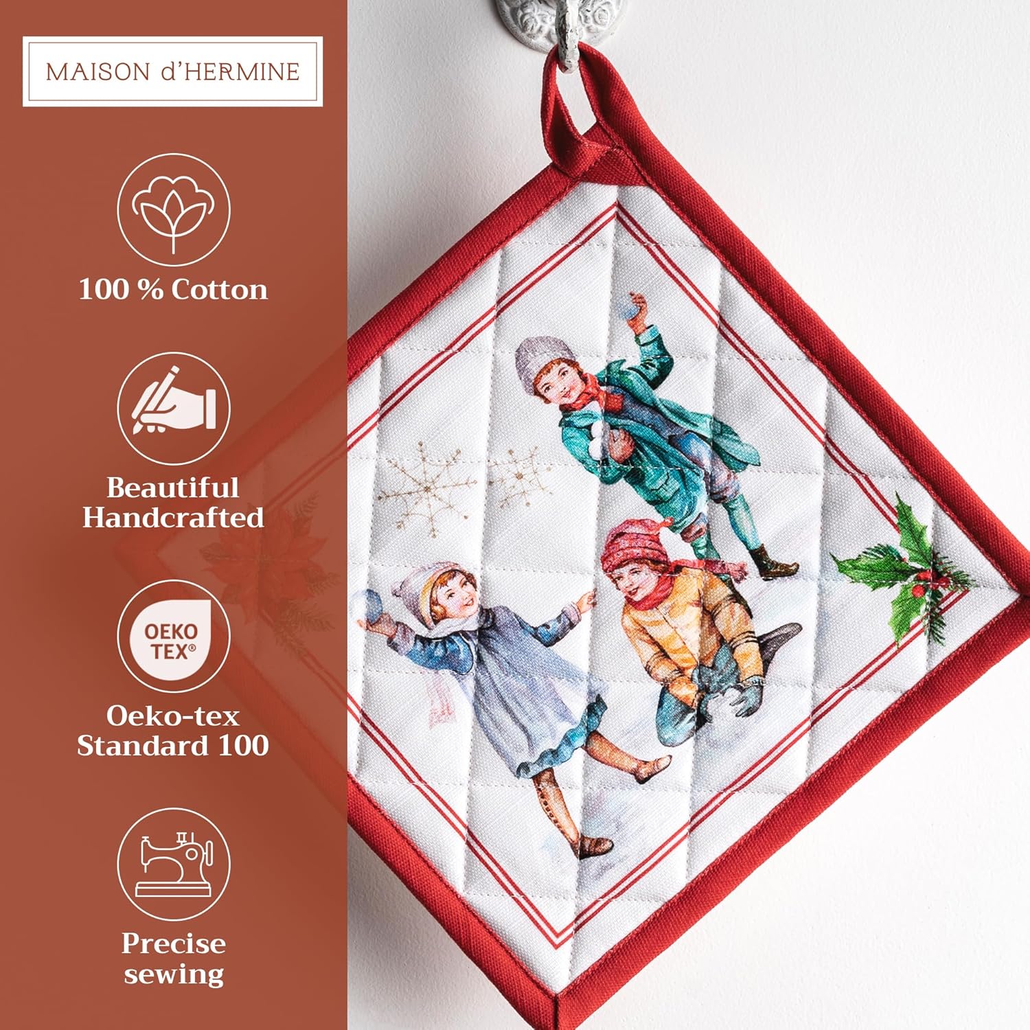 Maison d' Hermine Pot Holders Set 100% Cotton Heat Resistant Potholders 8" x 8" Hot Pads with Loop BBQ, Cooking, Baking, Grilling, Kitchen, Handling Hot Pans (Pack of 2, Chromo)