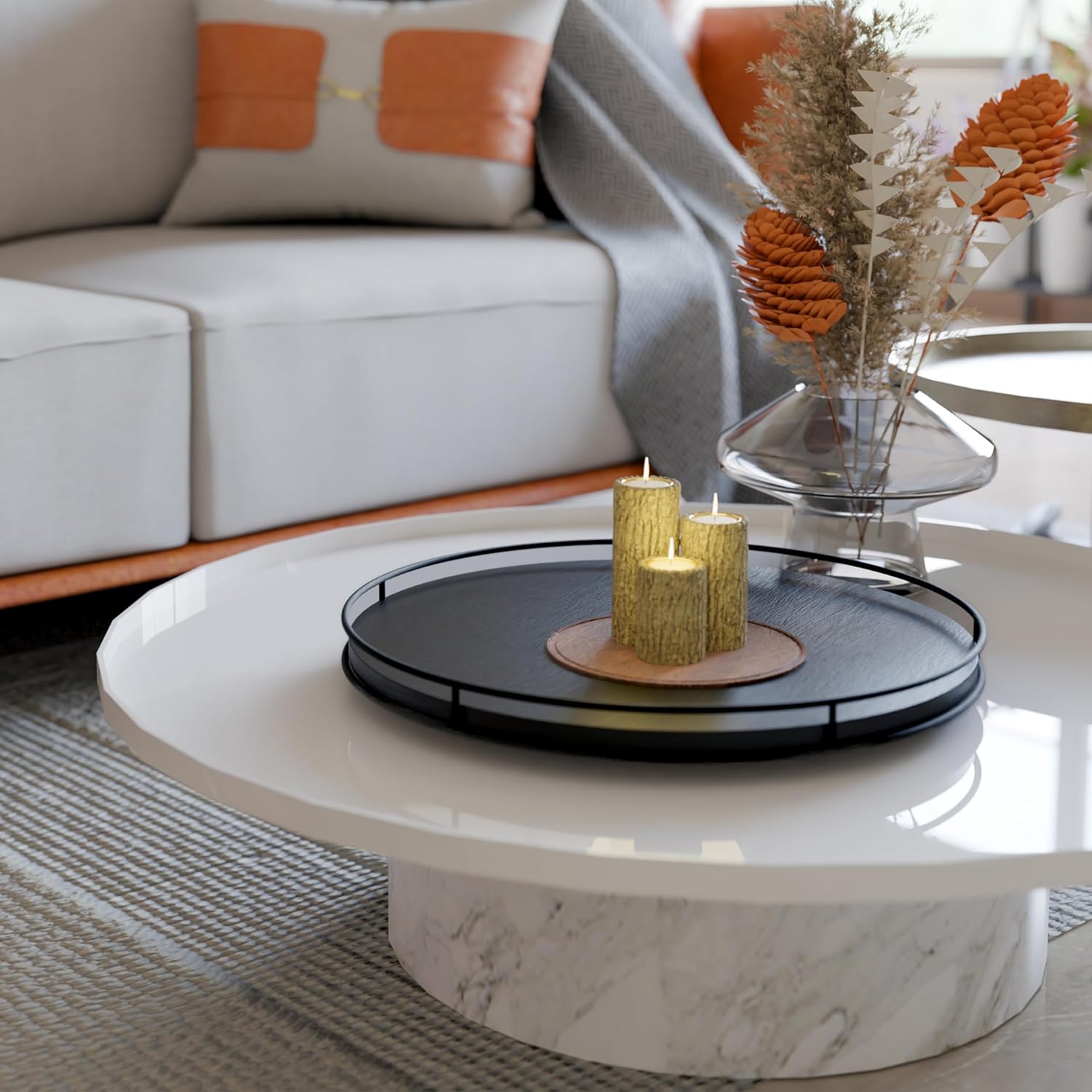 18" Acacia Wood Lazy Susan Turntable with Metal Frame for Table Top - Large Black Rotating Organizer Countertop Storage - Wooden Serving Tray for Charcuterie Cheese Board - Kitchen Counter