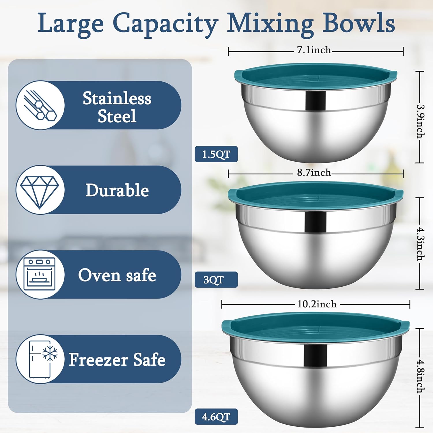 LIANYU Mixing Bowls Set with Airtight Lids, Stainless Steel Large Metal Kitchen Bowls Set of 3, Dishwasher & Freezer Safe, 1.5QT & 3QT & 4.6QT, Blue