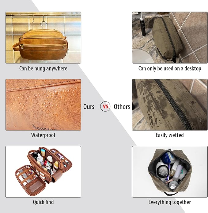 Travel Toiletry Bag for Men, Large Hanging Toiletries Organizer Bags, Cruise Ship Essentials, Water-resistant Shaving Case, PU Leather Makeup Accessories, Cosmetic Dopp Kit, Dark Brown