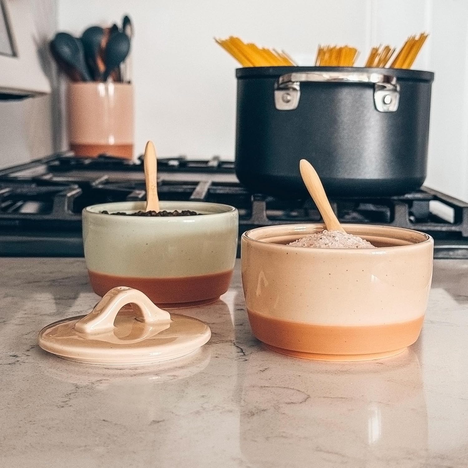 Mora Ceramic Salt and Pepper Cellar Set with Lid - 10 oz Modern Canister/Container/Bowl for Storage, Sea Salt, Spice, Sugar, Countertop - Small Dish/Jar with Wood Spoon, Matcha & Chai Crock