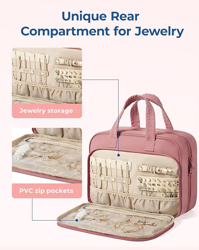 BAGSMART HangingToiletry Bag for Women, Puffy Travel Toiletry Bag with Jewelry Organizer, Waterproof Cosmetic Makeup Bag Compartment, Toiletries Kit Set for Traveling, Accessories, Essentials (M)