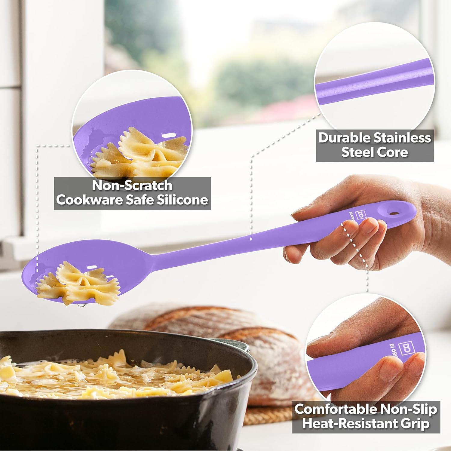 DI ORO Silicone Spoons for Cooking - Large Kitchen Spoons for Mixing, Serving & Stirring - 600°F Heat-Resistant Non Stick Utensils – Big Solid & Slotted Basting Spoon - Dishwasher Safe (2pc, Lavender)