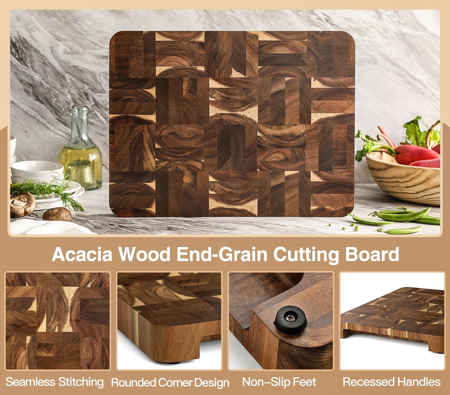 XINZUO Large Thick End Grain Acacia Wood Cutting Board -(16‘’L x 12''W x 1.6''T)-Dark Wood Cutting Board,Reversible Wooden Chopping Board with Non-Slip Feet-Catches Food and Waste-Giftbox