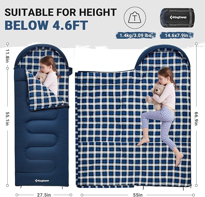 KingCamp 45°F Kids Sleeping Bag, Lightweight Waterproof & Compact Flannel Sleeping Bags Cold Weather & Warm Youth Essentials Gear Accessories for Camping, Fits 10-12 Children up to 5'5" Tall