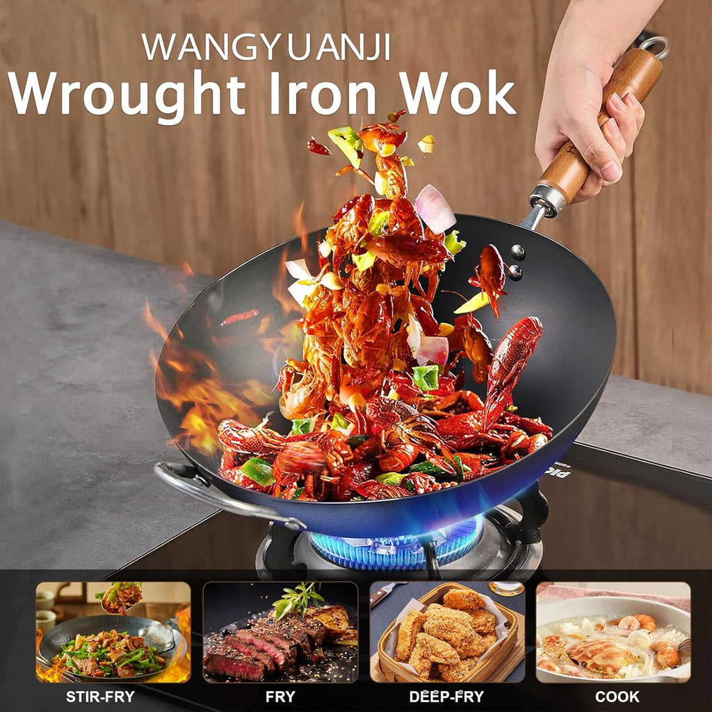 WANGYUANJI Carbon Steel Wok Pan, 13.4" Woks & Stir-Fry Pans with Glass Lid No Chemical Coated Flat Bottom Iron Wok for Induction, Electric, Gas, Halogen All Stoves