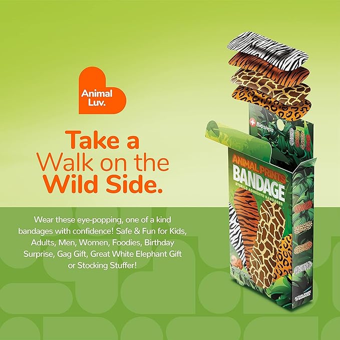 BioSwiss Bandages, Animal Prints Self Adhesive Bandage, Leopard, Zebra, Giraffe, and Tiger Print Designs, Latex Free Sterile Wound Care, Standard Shape for Kids and Adults, 24 Count