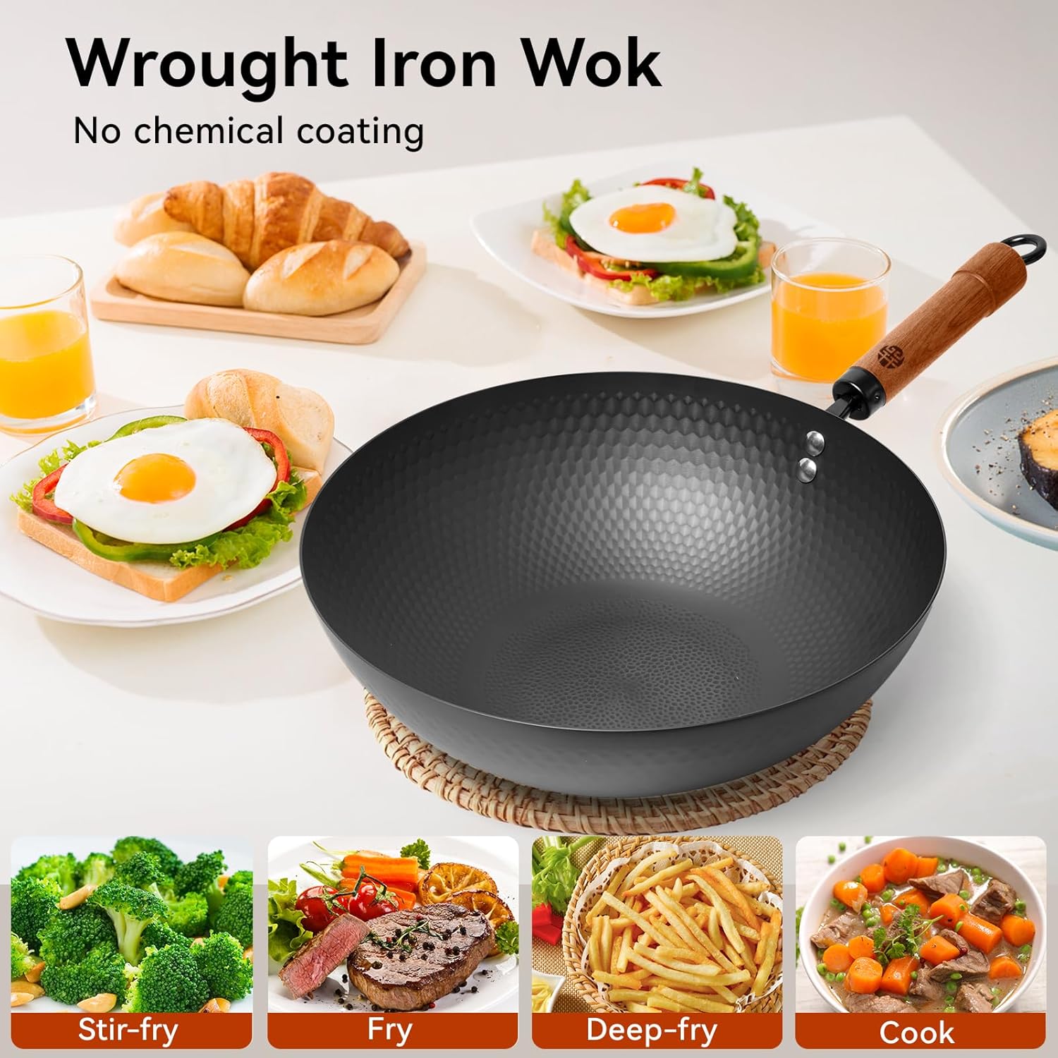 WANGYUANJI 12.6-Inch Wok Pan with Lid, Flat Bottom Wok with Detachable Wooden Handle, Compatible with All Stovetops