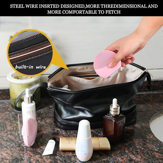 Abiudeng Large Capacity Makeup Bag Ladies Cosmetic Bag Travel Bag with Compartments Portable PU Leather Travel Makeup Bag with Handle