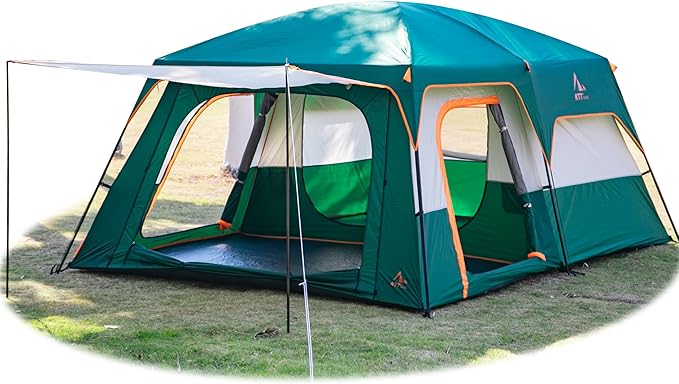 KTT Extra Large Tent 10-12-14 Person(B),Family Cabin Tents,2 Rooms,3 Doors and 3 Windows with Mesh,Straight Wall,Waterproof,Double Layer,Big Tent for Outdoor,Picnic,Camping,Family Gathering