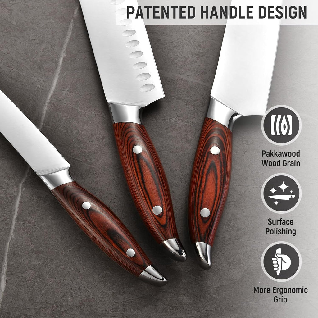 3-Piece Kitchen Knife Set – Includes Ultra-Sharp Chef Knife, High Carbon Stainless Steel Blades with Ergonomic Pakkawood Handles, Professional Knives Set for Kitchen, Elegant Gift Box
