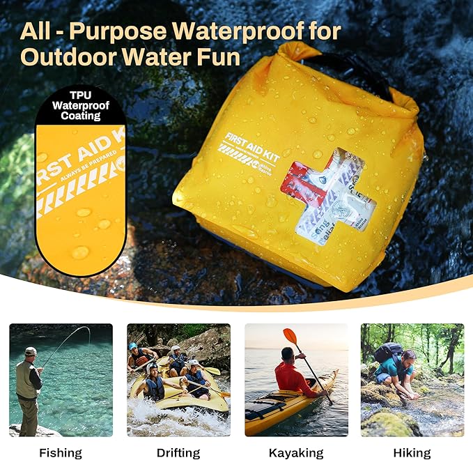 RHINO RESCUE Waterproof First Aid Kit, Lightweight Boat Dry Bag, Emergency Survival Supplies for Outdoor Kayak Floating Swimming & Camping FSA HSA Eligible (Yellow)