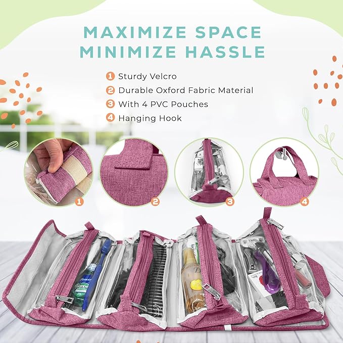 4-in-1 Hanging Toiletry bag - Roll-Up Makeup Bag - 4 Detachable PVC Zip Pouches – 600D Oxford Fabric, Versatile Travel Toiletry Organizer Bag - Makeup, Cosmetics, First Aid, Medicine Personal Care,