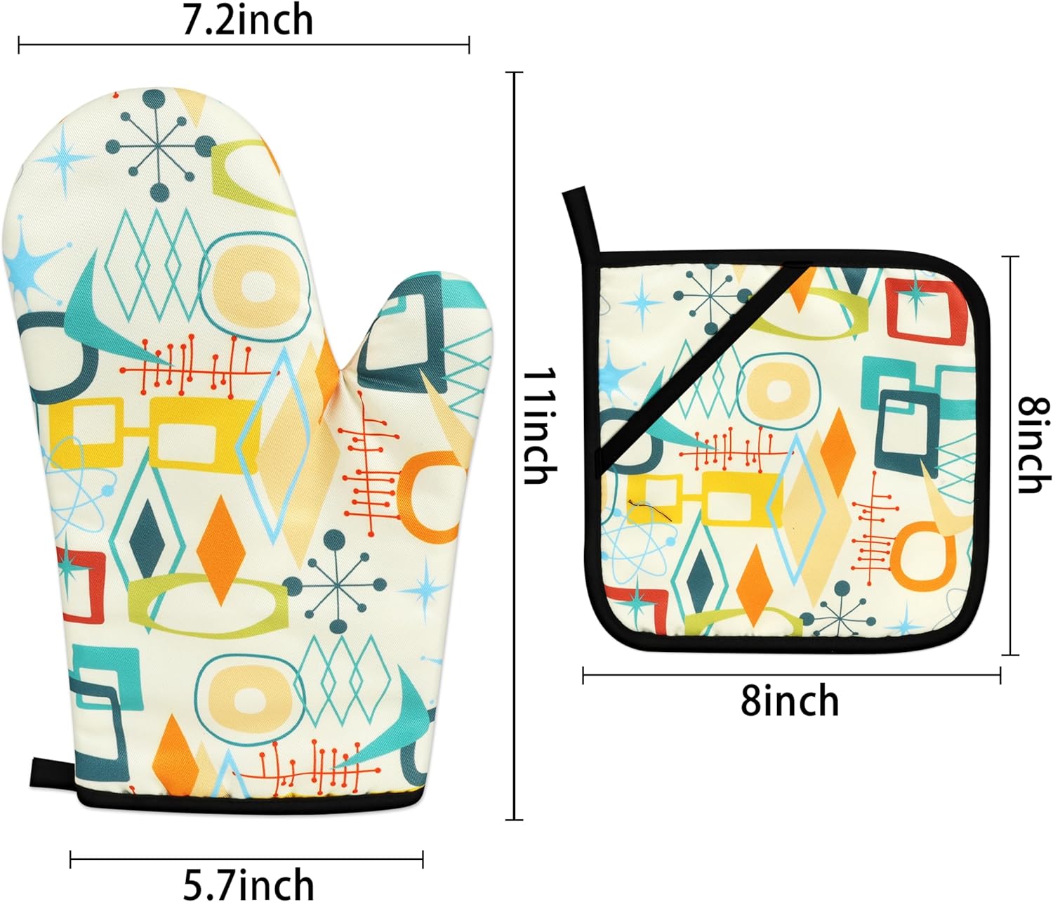 Mid Century Modern Oven Mitts and Pot Holders Sets Washable Oven Gloves Heat Resistant 4 Pcs Decorative Kitchen Hot Pads and Mitts for Baking Cooking Grilling