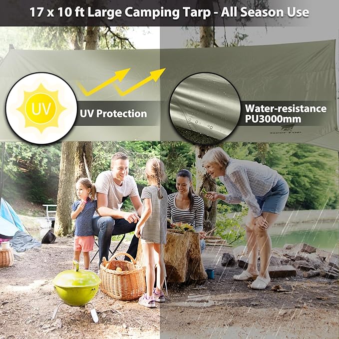 GEERTOP Large Camping Tent Tarp 17 x 10ft Portable Hammock Rain Fly Tarp with Poles Waterproof Backpacking Hammock Tarp for Outdoor Travelling