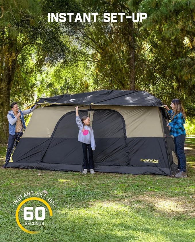 FanttikOutdoor Instant Cabin Tent 6/8/10/12 Person Camping Tent Setup in 60 Seconds with Rainfly & Windproof Portable with Carry Bag for Family Camping & Hiking, Upgraded Ventilation, Khaki
