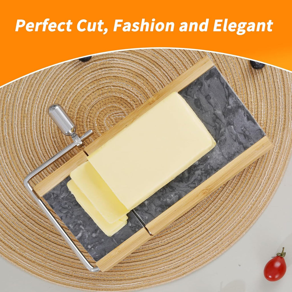 Tianman Cheese Slicer Cheese Cutter with 4 Replacement Cutting Wire,Heavy Duty 8.27"x 4.4",Marble Board Cheese Slicer for Block Cheeses, Butter,Cakes and More(Black Grey)