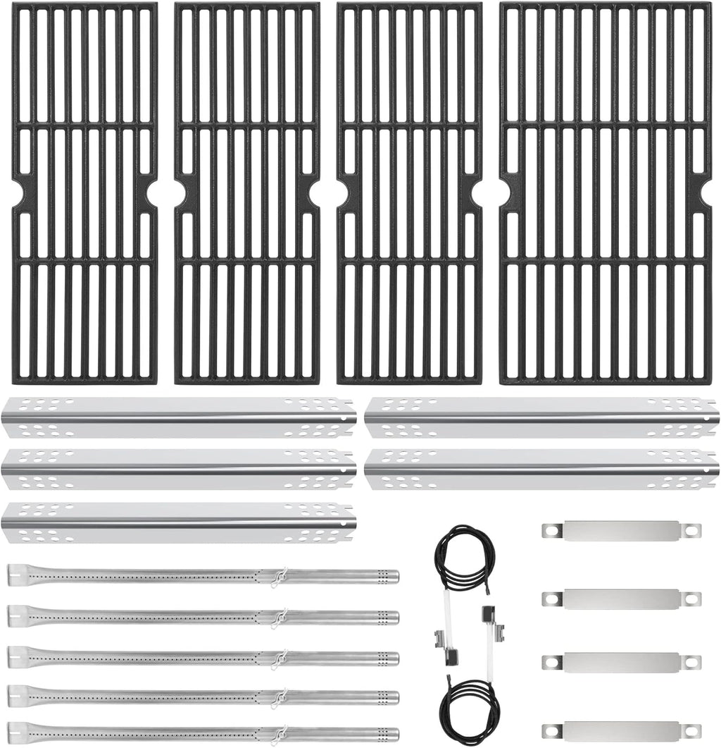Cast Iron Grill Grates and Stainless Steel Grill Part Kit for Charbroil Performance 5 Burner Grills 463275717 463275517 463243518 463243519, Heat Plates, Burners, Adjustable Crossover Tube, Ignition