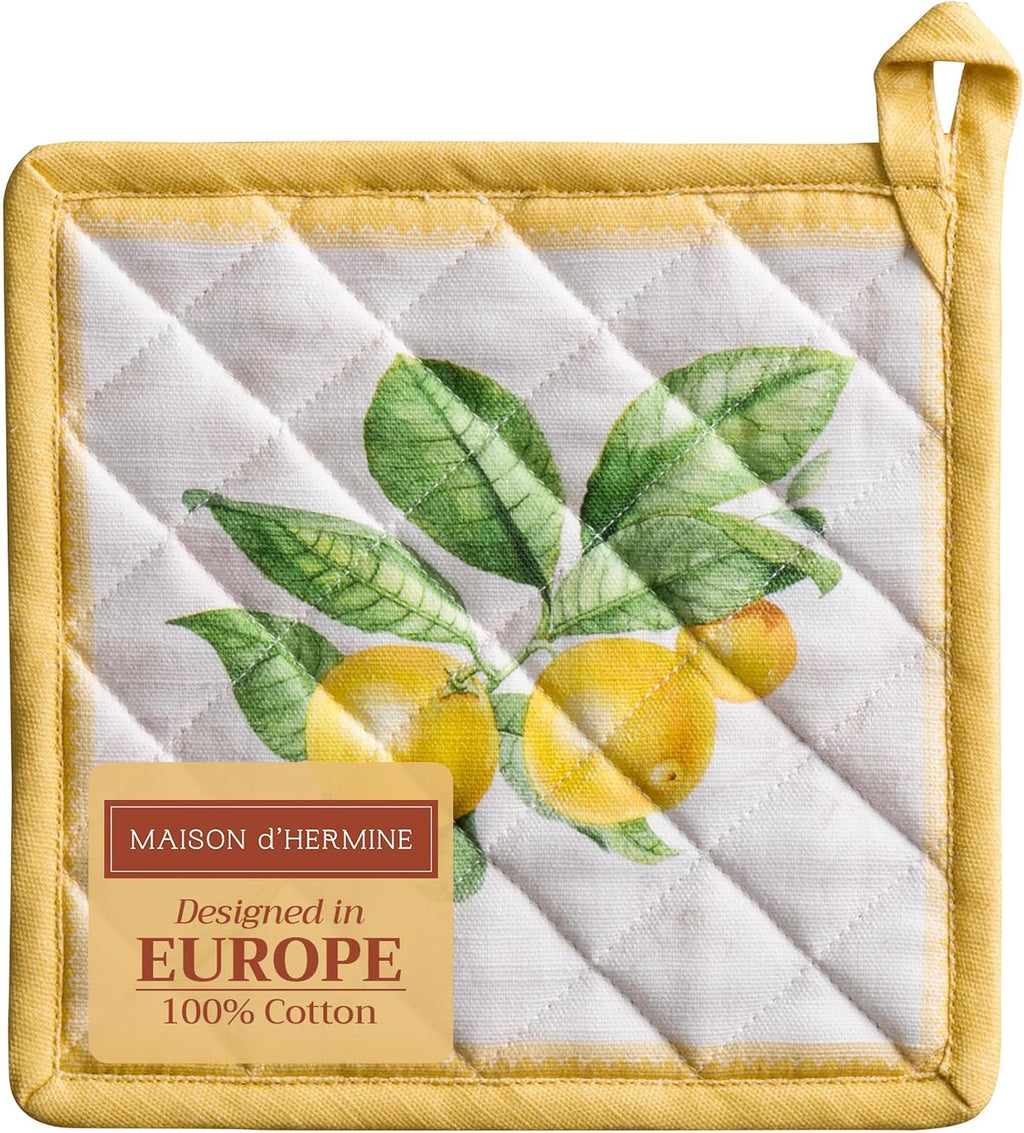 Maison d' Hermine Pot Holders 100% Cotton Heat Resistant Potholders 8" x 8" Hot Pads with Loop BBQ, Cooking, Baking, Grilling, Kitchen, Handling Hot Pans Spring/Summer (Pack of 1, Limoncello)