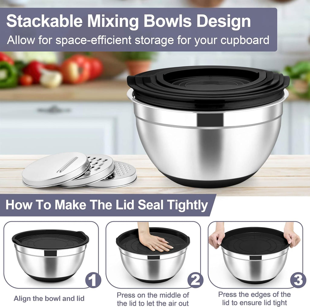 TeamFar Mixing Bowls, Stainless Steel Nesting Salad Bowl with Lids & 3 Graters, For Kitchen Cooking Serving Prepping, Airtight & Non-Slip, Size 4.6/3.5/2/1.5/1/0.7 QT, Set of 5 & Black