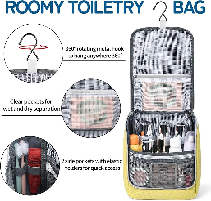 Travel Hanging Toiletry bag for Men & Women, Water-resistant Sturdy Nylon Toiletries Organizer for Cosmetics, Makeup Brushes, Shaving Tools, Bathroom Bag, Yellow