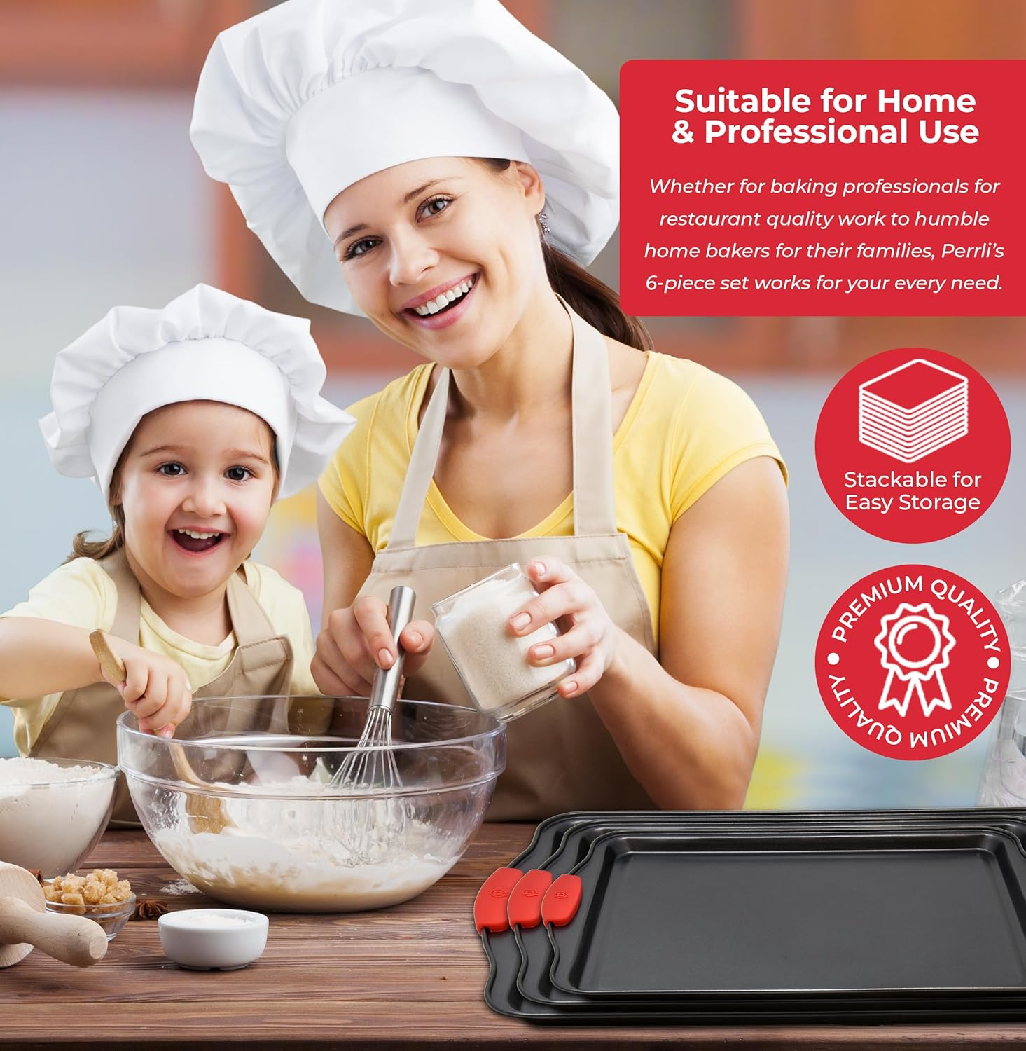 PERLLI Non-Stick 3-Piece Baking Pan Set, BPA-Free Carbon Steel Bakeware Set with Silicone Handles, Stackable Kitchen Oven Set, Cookie Sheet, Baking Tray, Baking Sheet Set, Oven Safe (446°F)