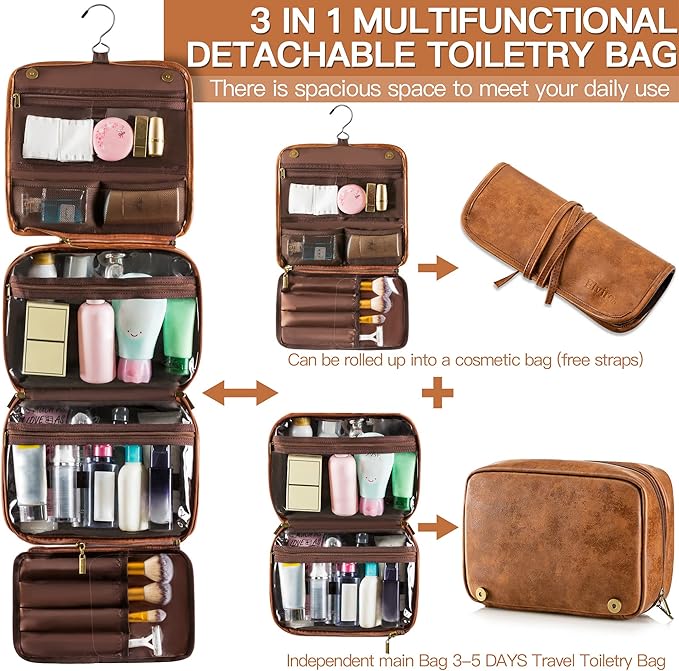 Elviros Hanging Toiletry Bag for Men Travel Essentials 3-in-1 Large Waterproof Dopp Kit PU Leather Shaving Bag with Separate Compartments for Grooming and Toiletries