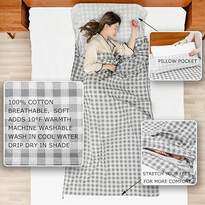 100% Cotton Sleeping Bag Liner with Full Length Zipper on 3 Sides; Single/Double Adult Sleep Sack for Travel & Camping, Multifunctional Travel Sheets (Unzipped 87”x87”) for Hotel, Lightweight