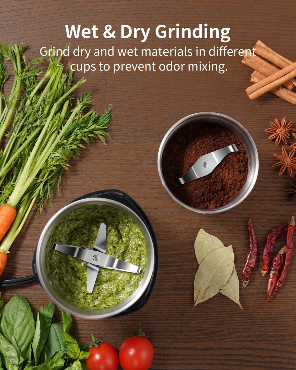 SHARDOR Coffee Grinder Electric Herb/Wet Grinder for Spices and Seeds with 2 Removable Stainless Steel Bowls, Silver