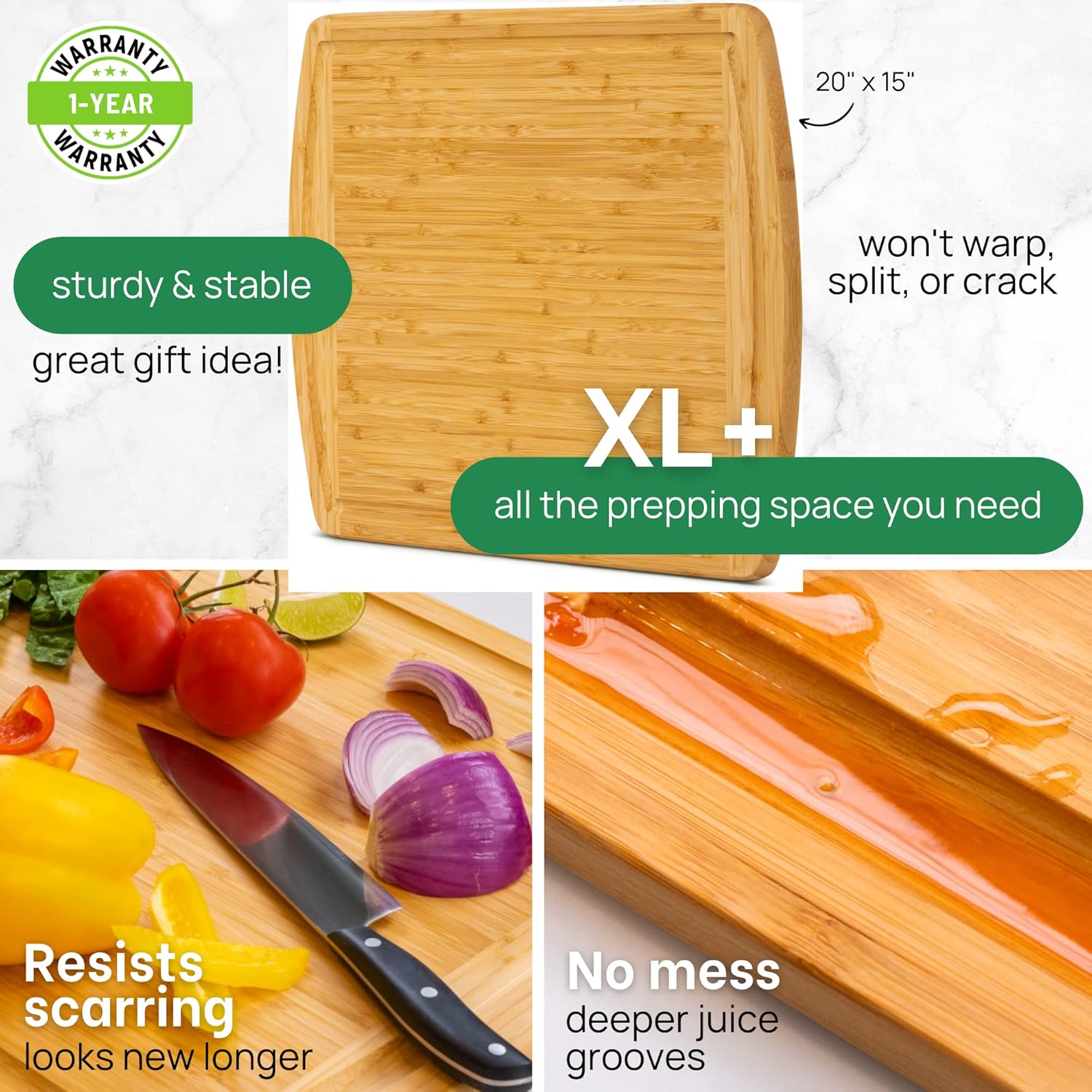 GREENER CHEF 20 Inch XL+ Organic Bamboo Cutting Board - Extra Large Butcher Block for Kitchen, Meat, Veggies, Charcuterie with Deep Juice Grooves & Lifetime Replacements