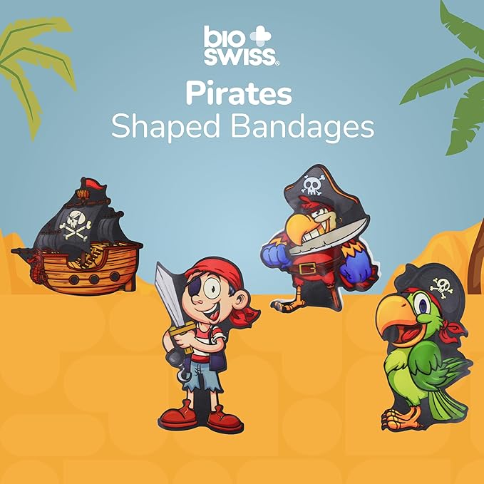 BioSwiss Bandages, Pirate Shaped Self Adhesive Bandage, Latex Free Sterile Wound Care, Fun First Aid Kit Supplies for Kids and Adults, 50 Count