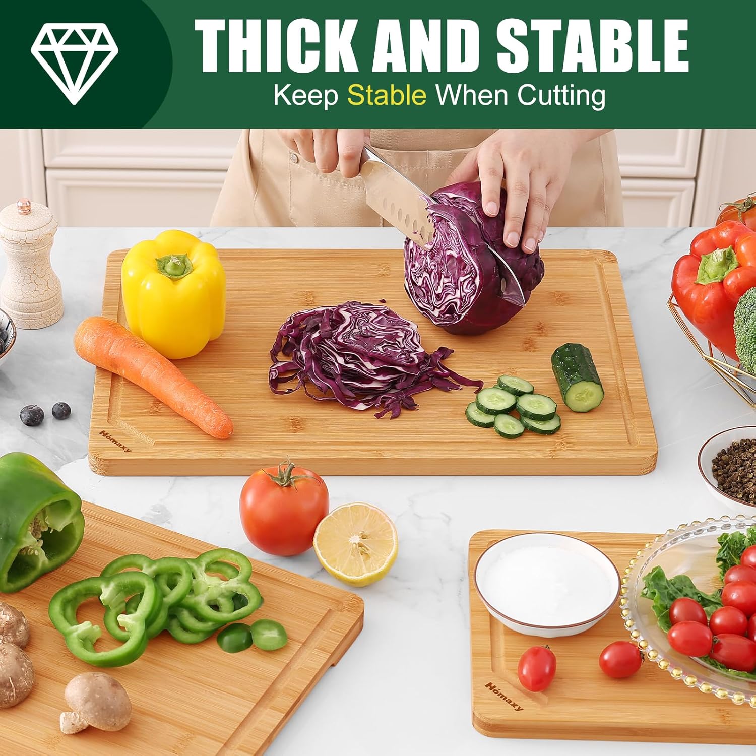 Homaxy Organic Bamboo Cutting Boards Set for Kitchen Set of 3, Wooden Cutting Board Set with Juice Groove and Handles, Charcuterie Serving Tray Wood Chopping Board Set for Meat Fruits & Vegetables