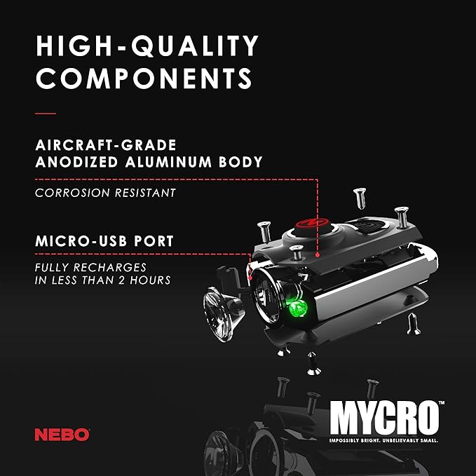 NEBO Mycro Rechargeable LED Keychain Light | Key Ring Flashlight Features 6 Light Modes,