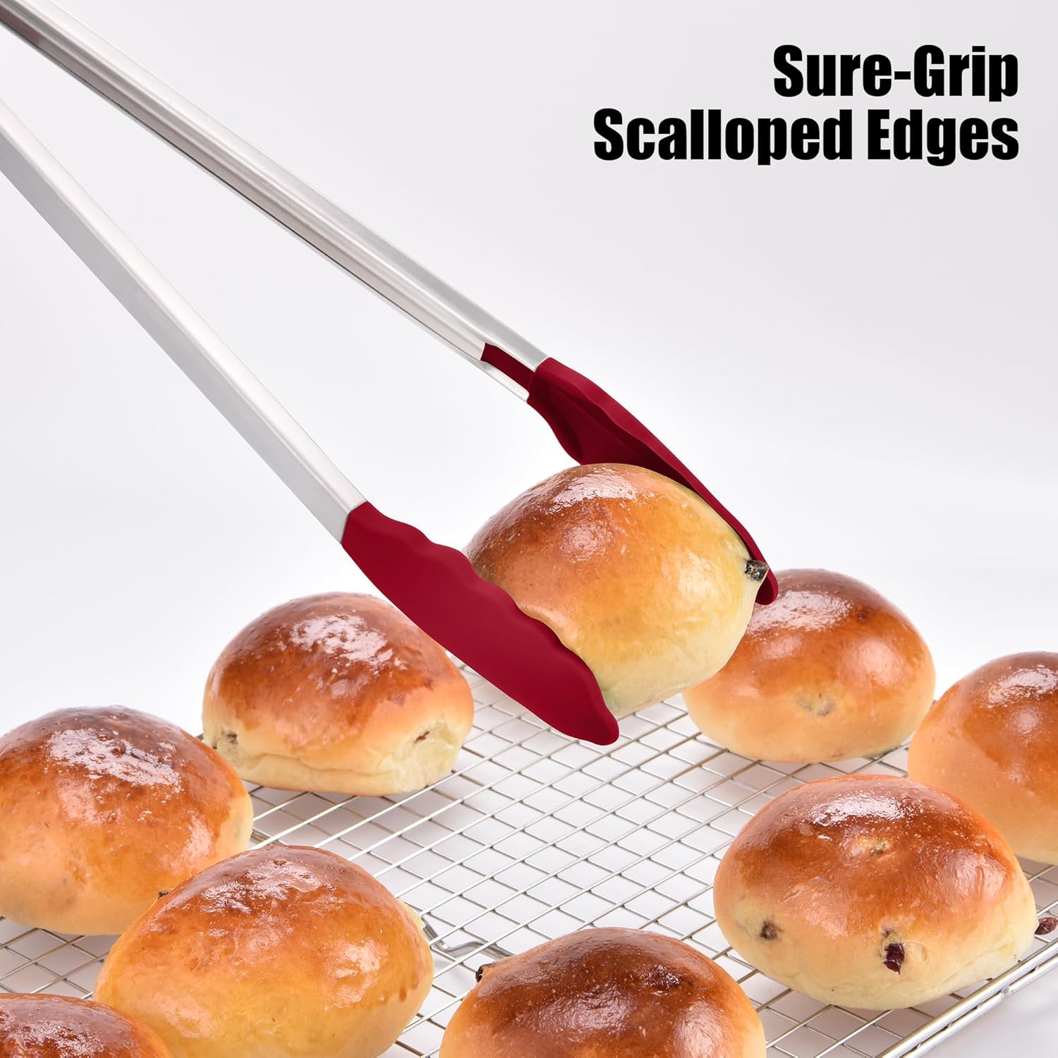 Doosu Kitchen Tongs for Cooking - 600°F Heat Resistant Food Tong with Non-Scratch Silicone Tips, Heavy Duty Stainless Steel Locking Tong for BBQ, Grilling Steak, Serving Salad, Pasta (16in, Red)