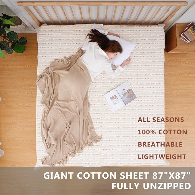 100% Cotton Sleeping Bag Liner with Full Length Zipper on 3 Sides; Single/Double Adult Sleep Sack for Travel & Camping, Multifunctional Travel Sheets (Unzipped 87”x87”) for Hotel, Lightweight