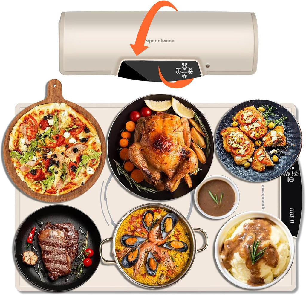 Electric Food Warming Mat, Full-Surface Silicone Food Warmer Heating Pad with Adjustable Temperature & Time, Portable Foldable Warming Tray for Buffet, Parties, Gatherings, Travel, Home Use